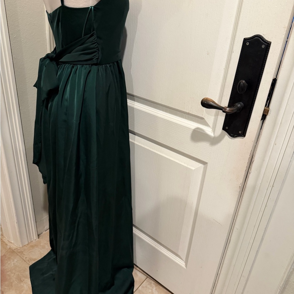 Showpo Dark Green Satin Girls Dress - Sleeveless V-Neck Gown - Picture 9 of 16